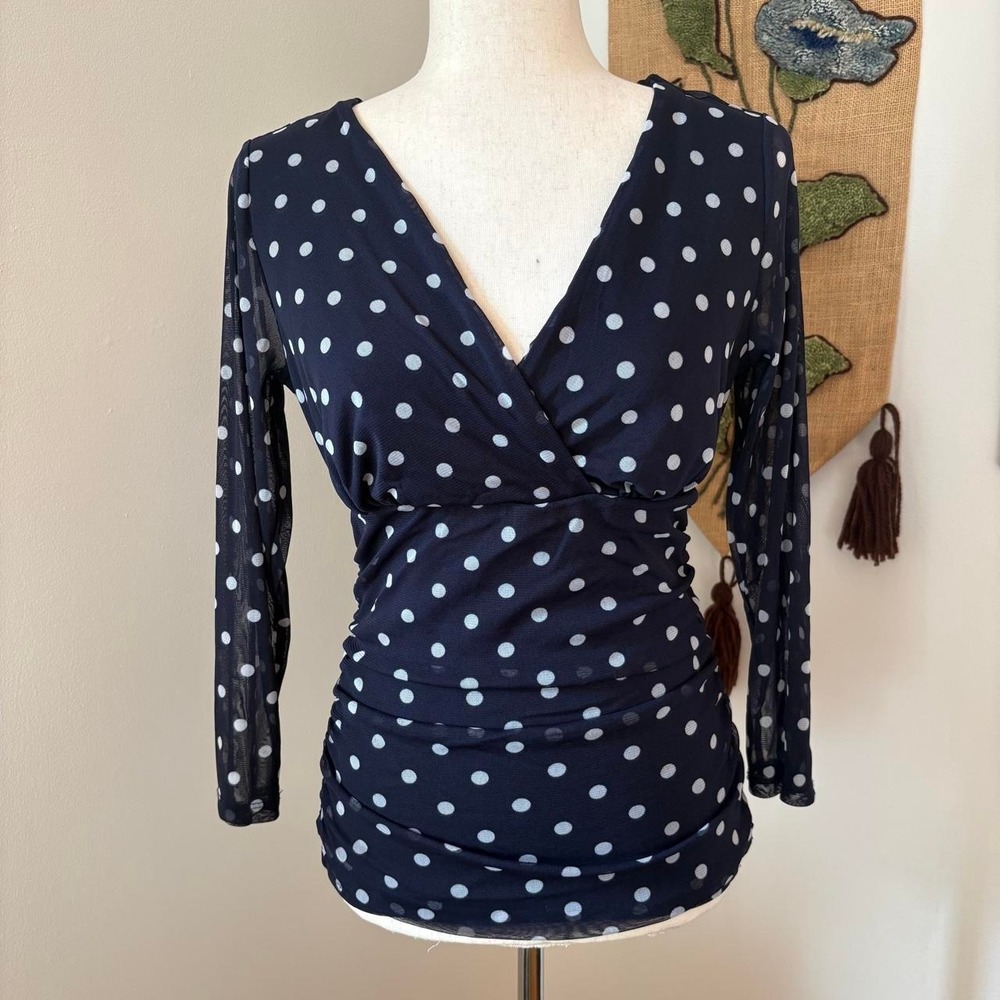 INC International Concepts Navy Blue Polka Dot Micro Mesh Ruched Blouse Medium